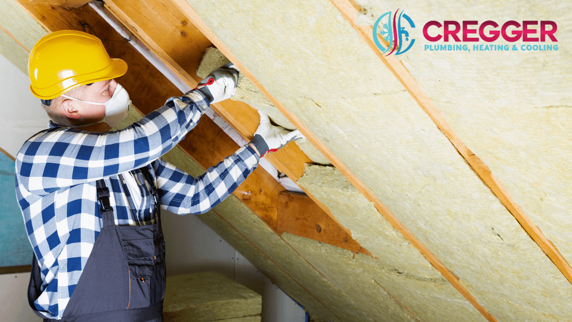 A worker in a hard hat and checkered shirt installs insulation in an attic, creating a focused and professional atmosphere. Logo in top right corner.