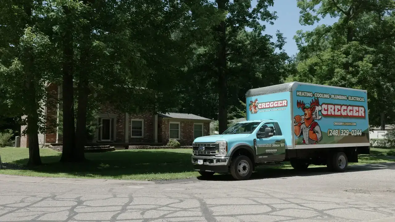 A blue service truck with Cregger branding parks in front of a brick house surrounded by tall trees. The sunny setting conveys a professional and calm tone.
