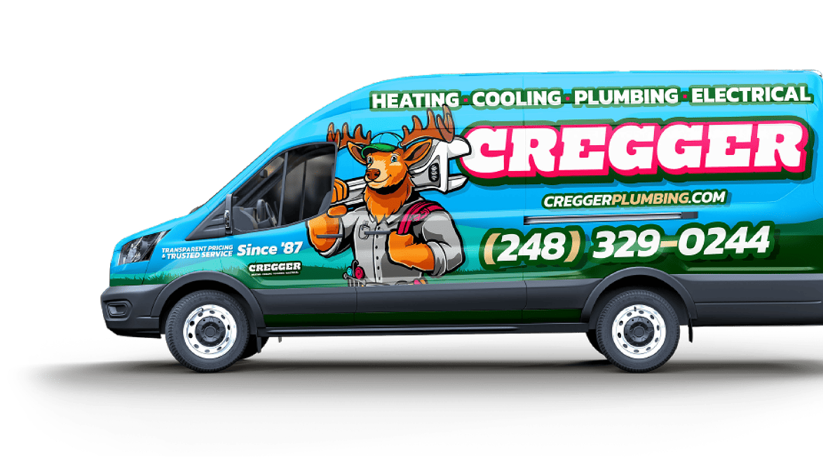 Van with blue and green design featuring an illustrated reindeer mascot wearing a tool belt. Bold white and pink "Cregger" logo with contact info and services.