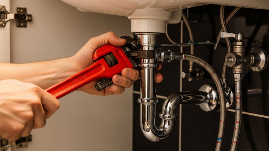A Cregger plumber repairing a sink fixture and checking for leaks in a Livonia home.
