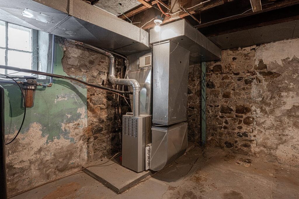 Residential gas furnace connected to ductwork in a home utility area, illustrating the type of gas-powered heating system that may require professional gas line installation and repair services in Metro Detroit.