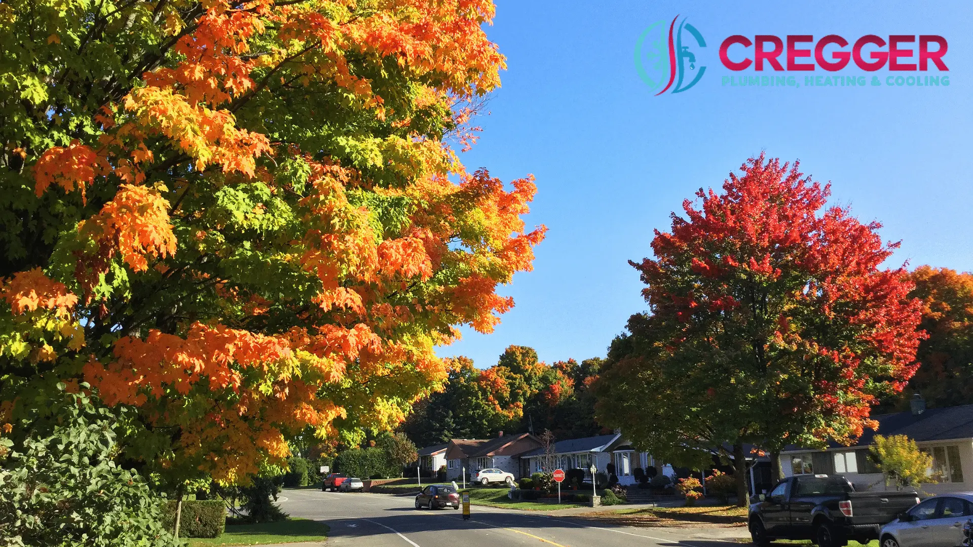 Neighborhood street with vibrant autumn trees in red, orange, and yellow hues under a clear blue sky. A vehicle is parked, and houses line the road.