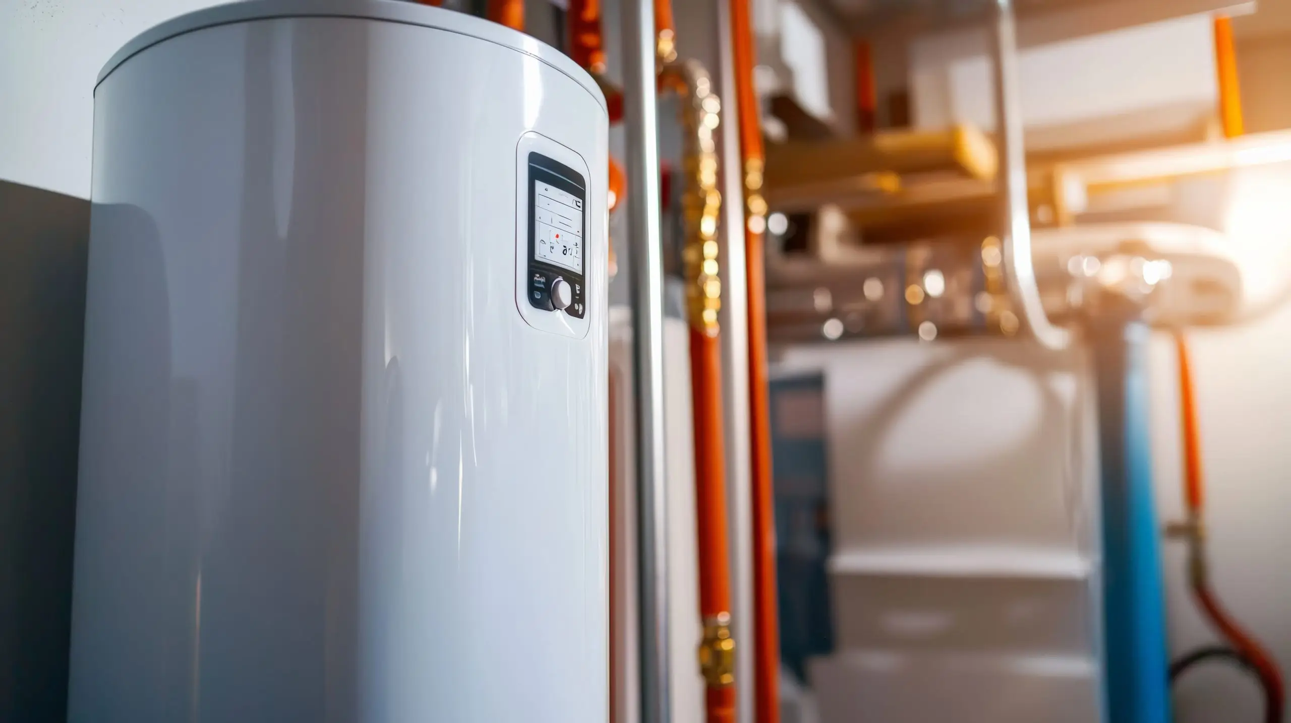 Modern white boiler in a utility room with red and blue pipes. The digital display emits a soft glow, creating a clean and efficient atmosphere.