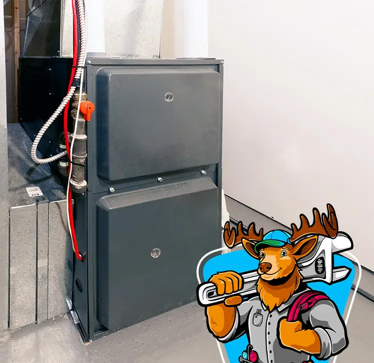 A gray furnace is installed in a corner with visible pipes and wiring. the Cregger mascot A cartoon deer character in a blue cap holds a wrench, adding a playful tone.