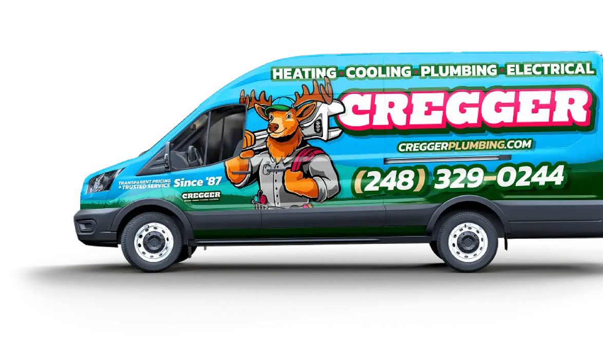 Van with blue and green design featuring an illustrated reindeer mascot wearing a tool belt. Bold white and pink "Cregger" logo with contact info and services.