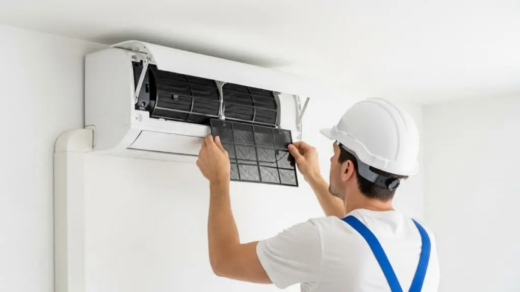 A Cregger technician carefully checking the refrigerant charge on a central air conditioning condenser unit outside a Northville home.