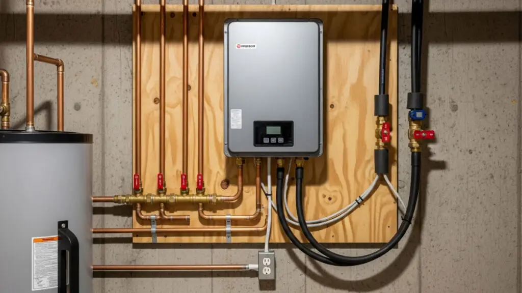 A licensed Cregger plumber installing a new, energy-efficient tankless water heater in a Clinton Township home.