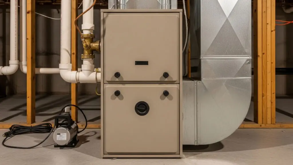 An experienced Cregger HVAC professional performing detailed furnace repair and safety testing on a residential heating unit in Chesterfield.