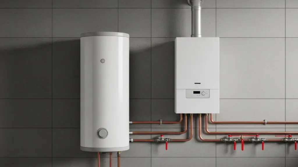 A licensed Cregger plumber installing a modern, high-efficiency tankless water heater in a Northville basement.
